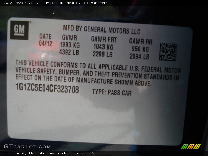 Imperial Blue Metallic / Cocoa/Cashmere 2012 Chevrolet Malibu LT