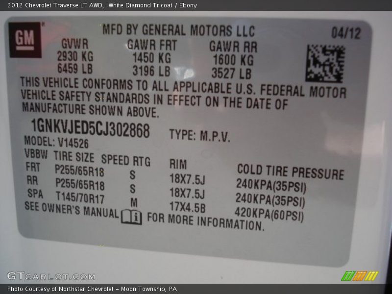 White Diamond Tricoat / Ebony 2012 Chevrolet Traverse LT AWD