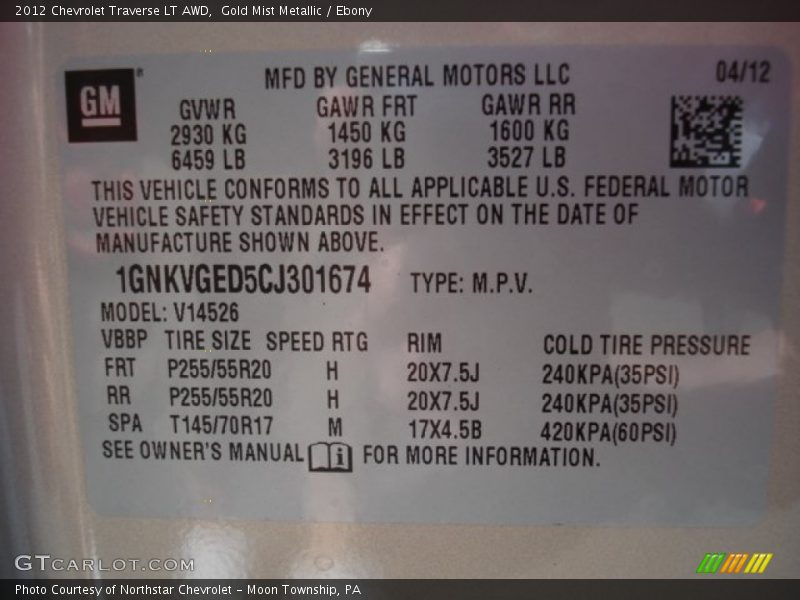 Gold Mist Metallic / Ebony 2012 Chevrolet Traverse LT AWD