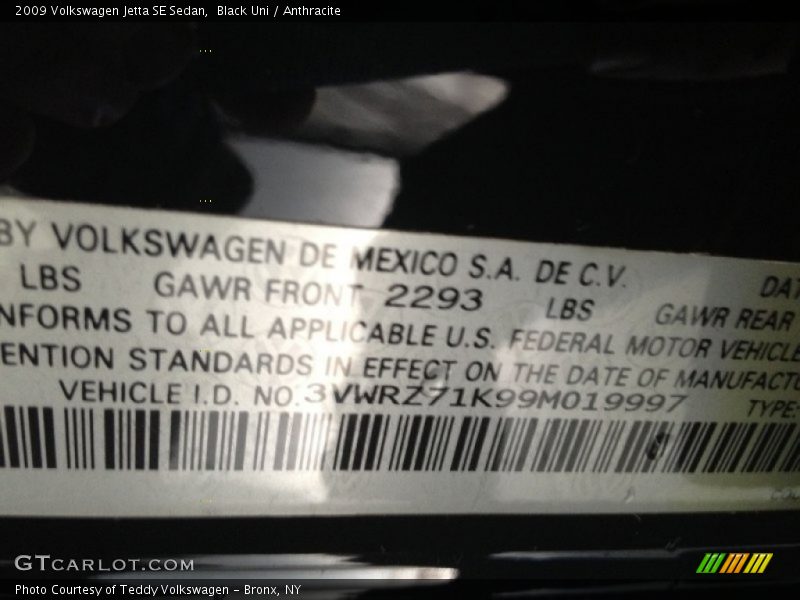 Black Uni / Anthracite 2009 Volkswagen Jetta SE Sedan