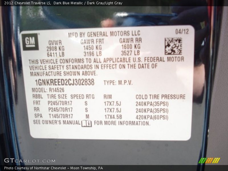 Dark Blue Metallic / Dark Gray/Light Gray 2012 Chevrolet Traverse LS