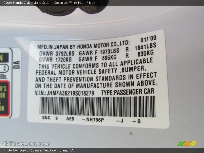 Spectrum White Pearl / Blue 2009 Honda Civic Hybrid Sedan
