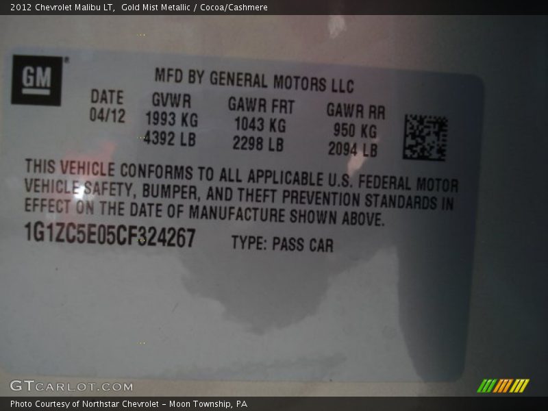 Gold Mist Metallic / Cocoa/Cashmere 2012 Chevrolet Malibu LT