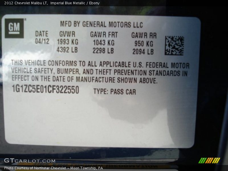 Imperial Blue Metallic / Ebony 2012 Chevrolet Malibu LT