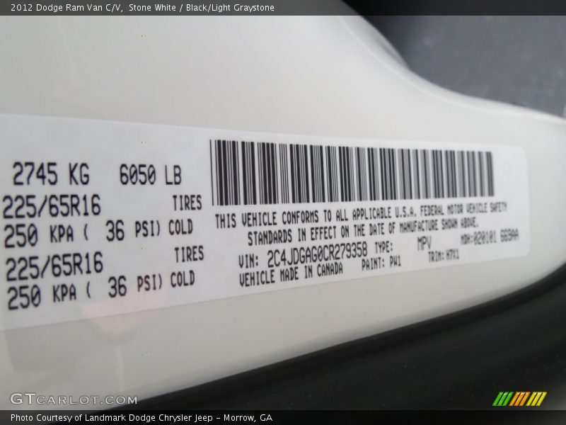 2012 Ram Van C/V Stone White Color Code PW1