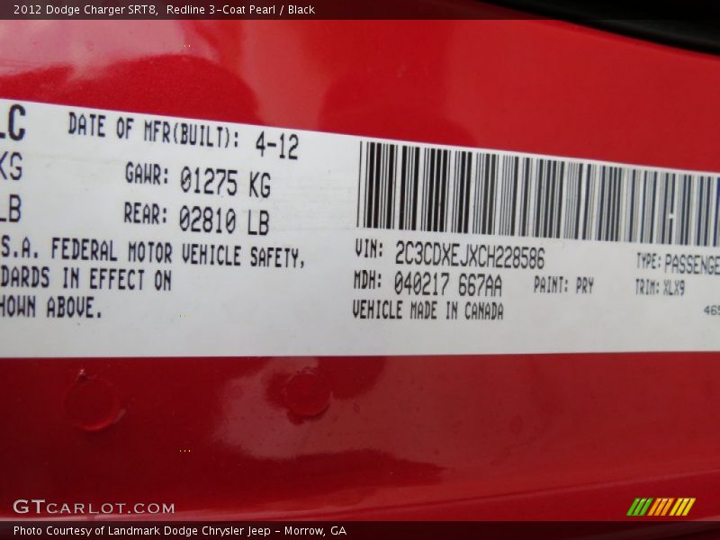 2012 Charger SRT8 Redline 3-Coat Pearl Color Code PRY