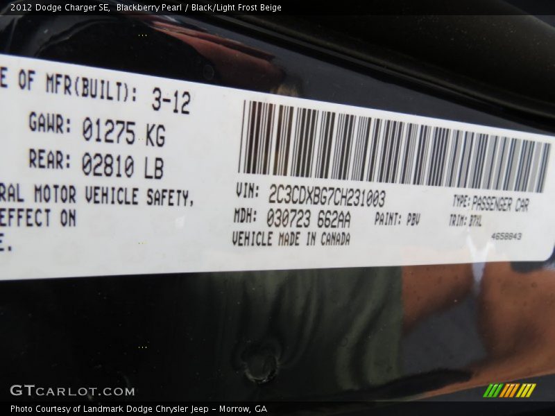 Blackberry Pearl / Black/Light Frost Beige 2012 Dodge Charger SE