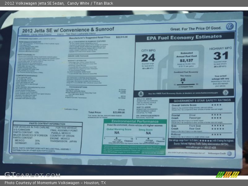 Candy White / Titan Black 2012 Volkswagen Jetta SE Sedan