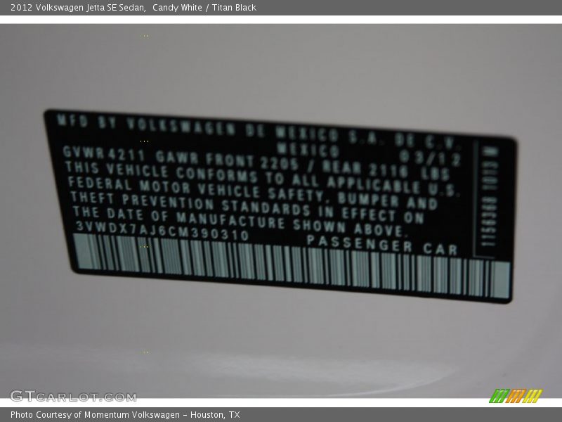 Candy White / Titan Black 2012 Volkswagen Jetta SE Sedan