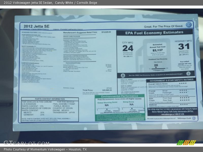 Candy White / Cornsilk Beige 2012 Volkswagen Jetta SE Sedan