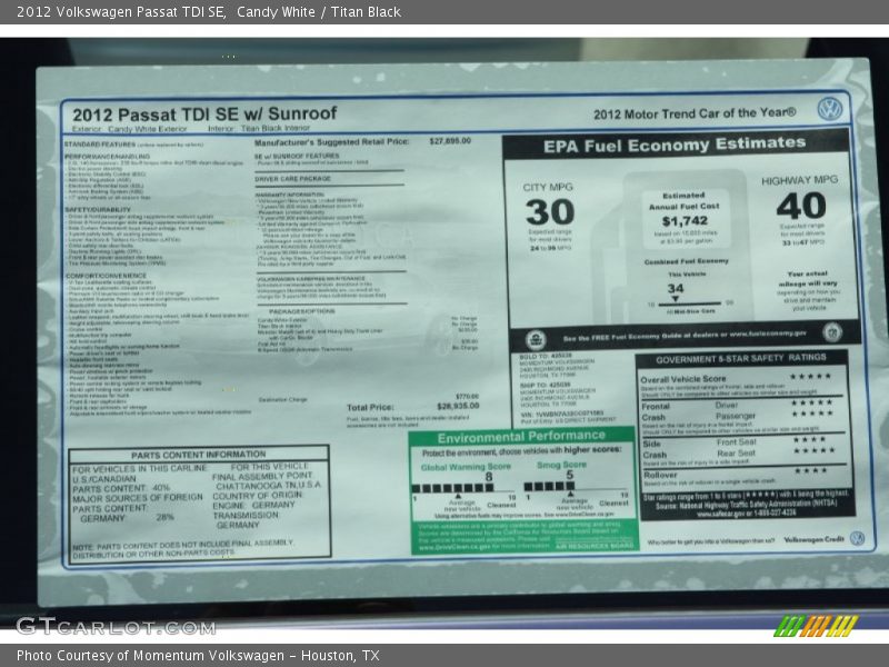Candy White / Titan Black 2012 Volkswagen Passat TDI SE