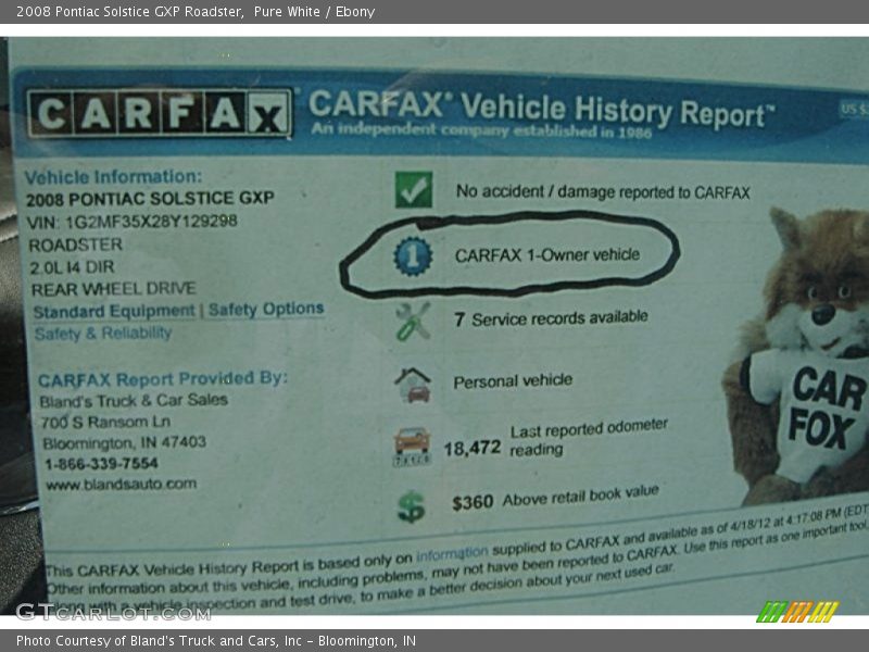 Pure White / Ebony 2008 Pontiac Solstice GXP Roadster