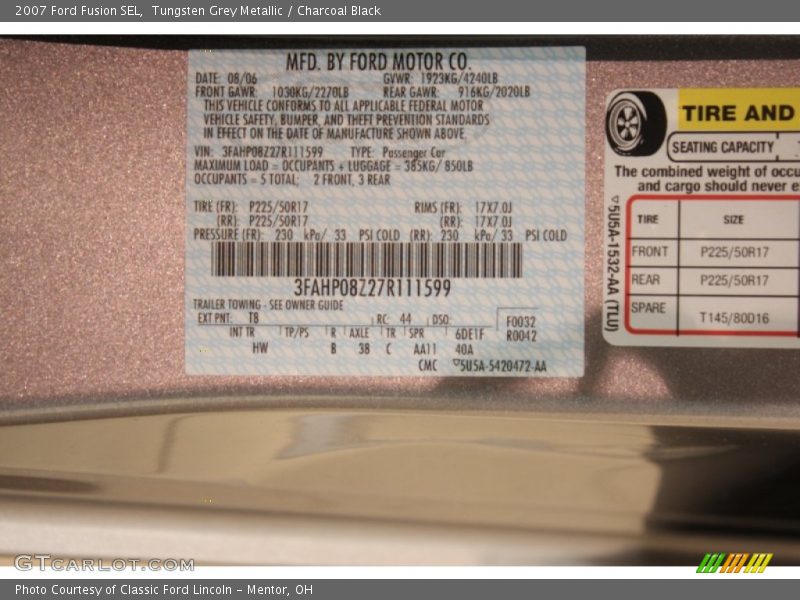 Tungsten Grey Metallic / Charcoal Black 2007 Ford Fusion SEL