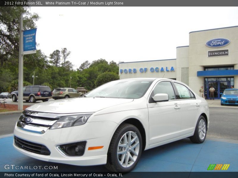White Platinum Tri-Coat / Medium Light Stone 2012 Ford Fusion SEL