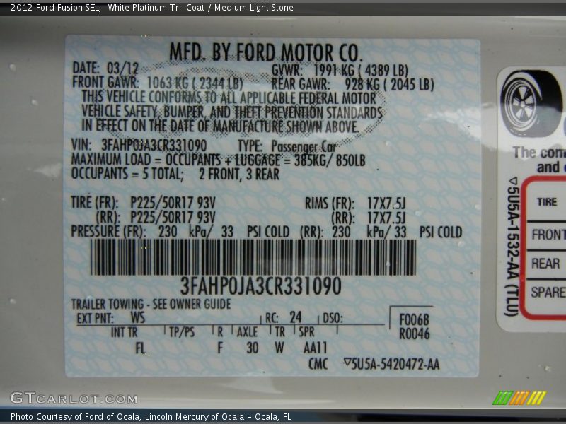 White Platinum Tri-Coat / Medium Light Stone 2012 Ford Fusion SEL