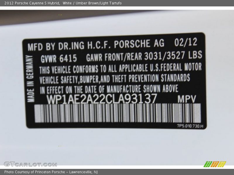 White / Umber Brown/Light Tartufo 2012 Porsche Cayenne S Hybrid