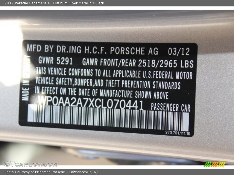 Platinum Silver Metallic / Black 2012 Porsche Panamera 4