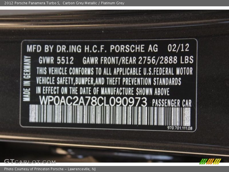 Carbon Grey Metallic / Platinum Grey 2012 Porsche Panamera Turbo S