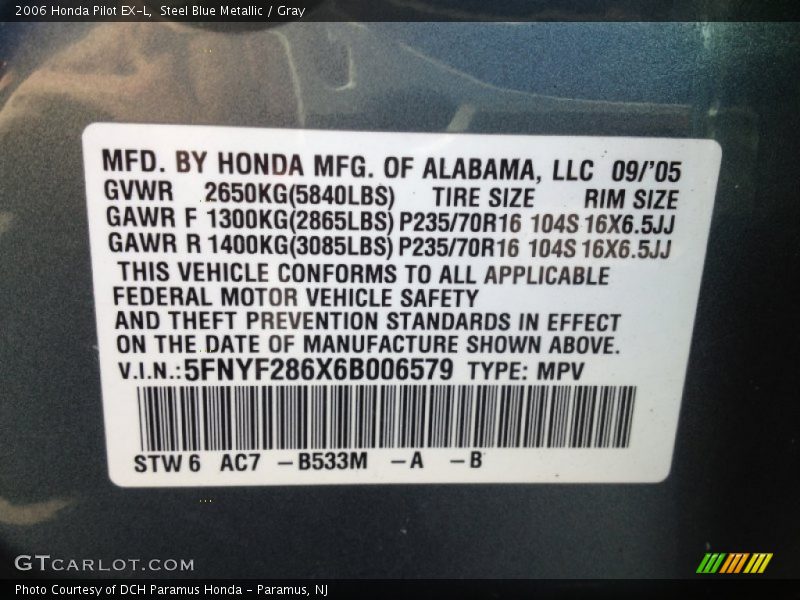 Steel Blue Metallic / Gray 2006 Honda Pilot EX-L
