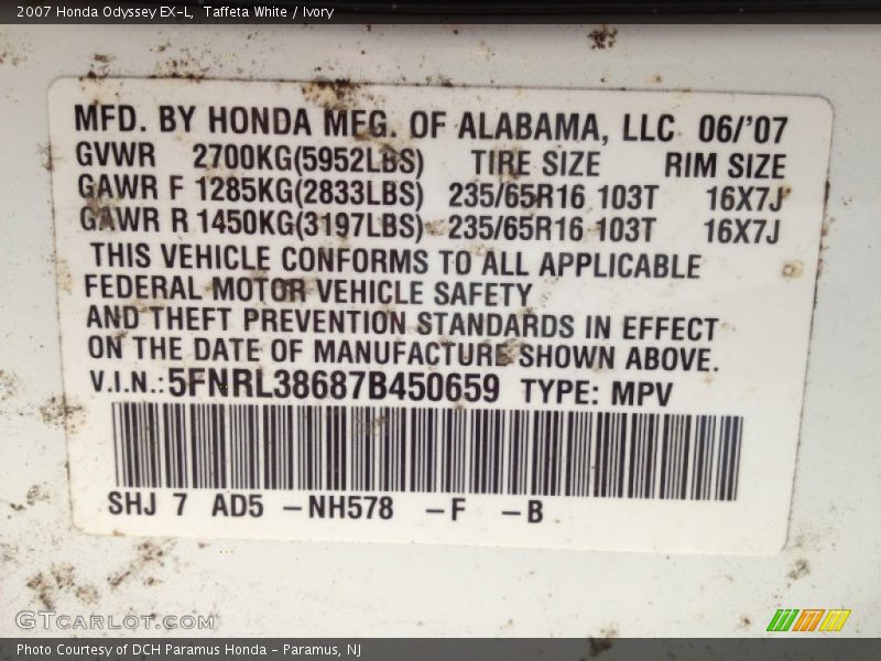 Taffeta White / Ivory 2007 Honda Odyssey EX-L