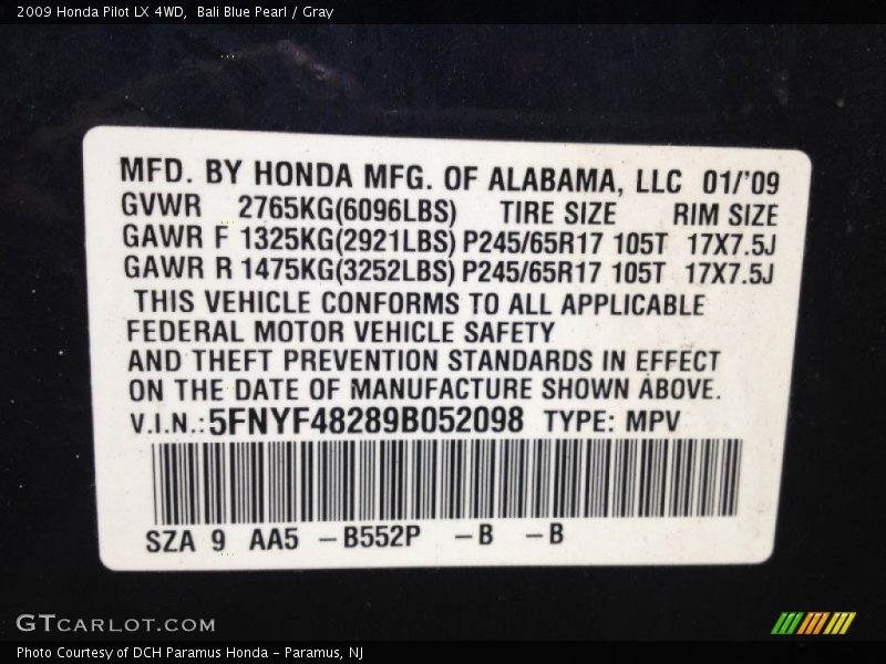 Bali Blue Pearl / Gray 2009 Honda Pilot LX 4WD