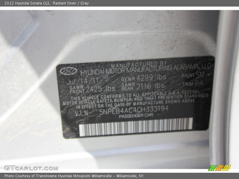 Radiant Silver / Gray 2012 Hyundai Sonata GLS