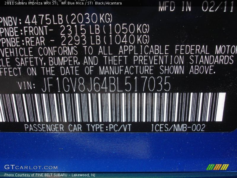 WR Blue Mica / STI  Black/Alcantara 2011 Subaru Impreza WRX STi