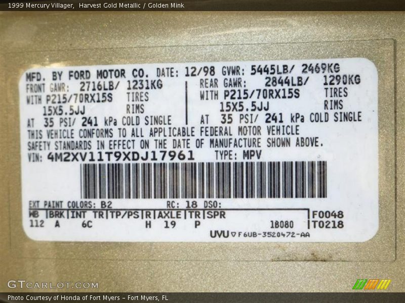 Harvest Gold Metallic / Golden Mink 1999 Mercury Villager