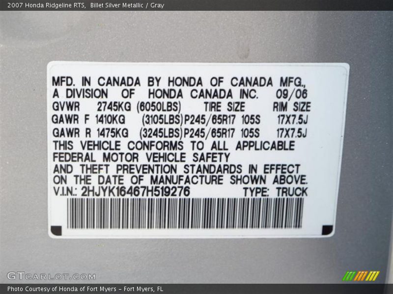 Billet Silver Metallic / Gray 2007 Honda Ridgeline RTS