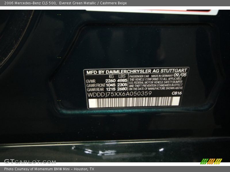 2006 CLS 500 Everest Green Metallic Color Code 816