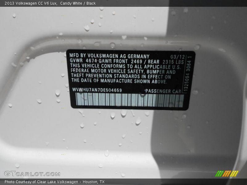 Candy White / Black 2013 Volkswagen CC V6 Lux