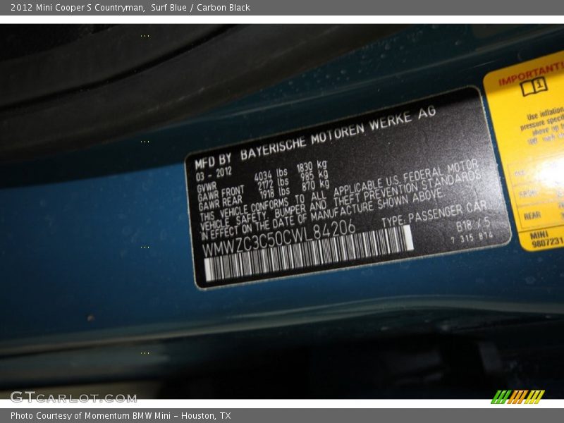 Surf Blue / Carbon Black 2012 Mini Cooper S Countryman