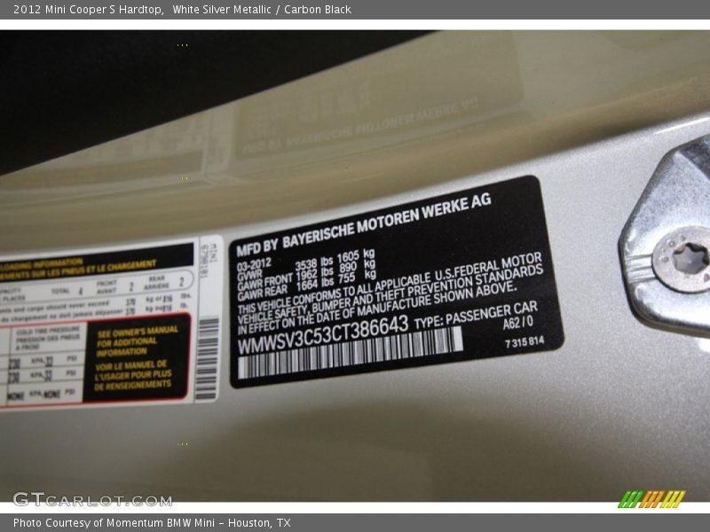 White Silver Metallic / Carbon Black 2012 Mini Cooper S Hardtop