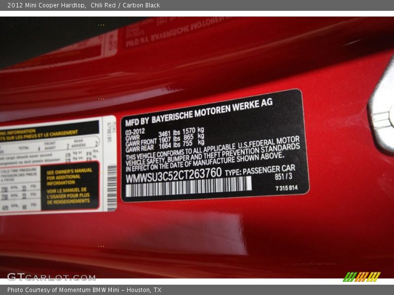 Chili Red / Carbon Black 2012 Mini Cooper Hardtop