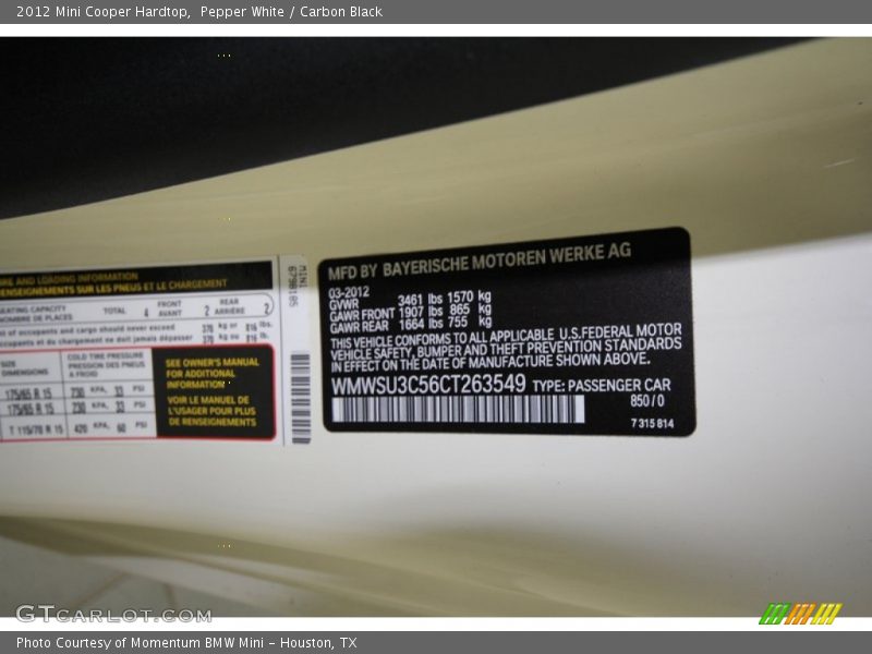 Pepper White / Carbon Black 2012 Mini Cooper Hardtop