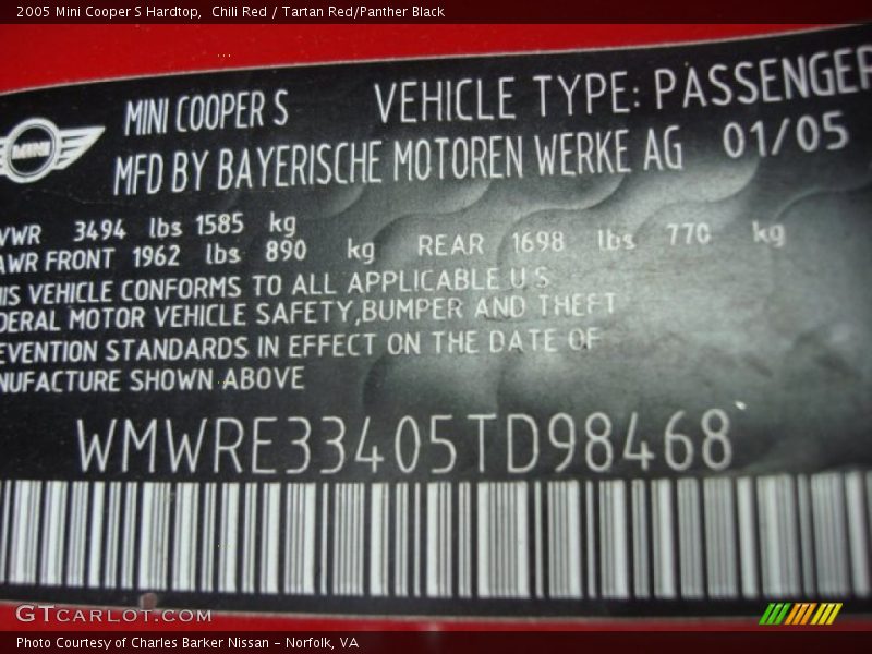 Chili Red / Tartan Red/Panther Black 2005 Mini Cooper S Hardtop