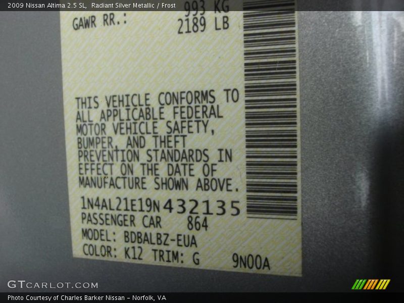 Radiant Silver Metallic / Frost 2009 Nissan Altima 2.5 SL