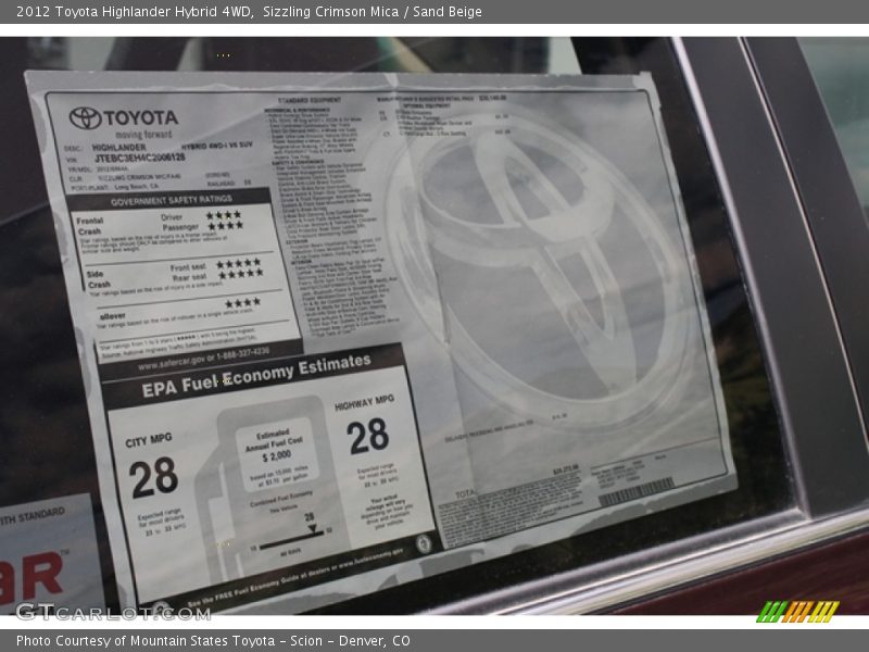  2012 Highlander Hybrid 4WD Window Sticker