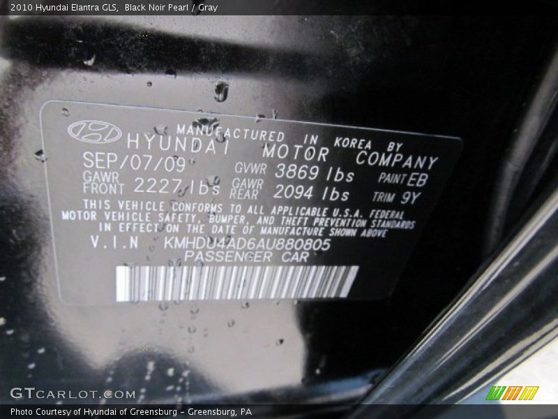 Black Noir Pearl / Gray 2010 Hyundai Elantra GLS