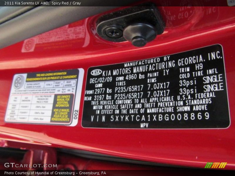 Spicy Red / Gray 2011 Kia Sorento LX AWD
