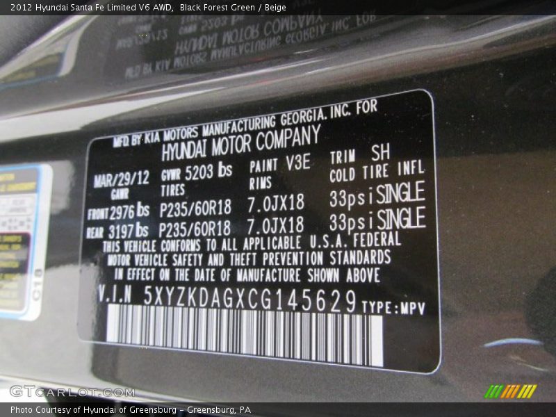 2012 Santa Fe Limited V6 AWD Black Forest Green Color Code V3E