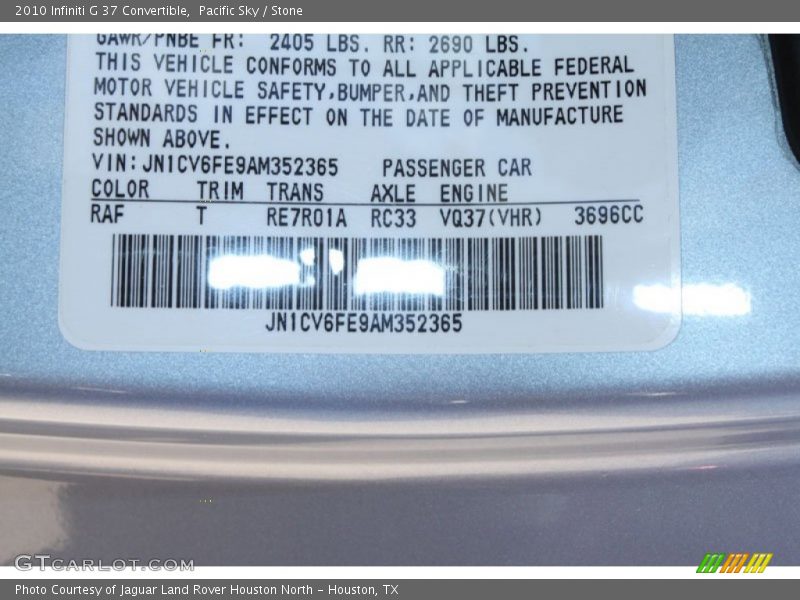 2010 G 37 Convertible Pacific Sky Color Code RAF