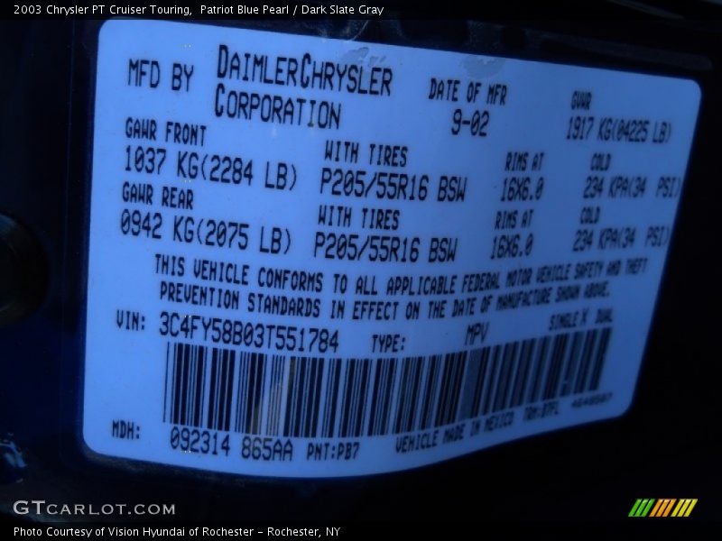 Patriot Blue Pearl / Dark Slate Gray 2003 Chrysler PT Cruiser Touring