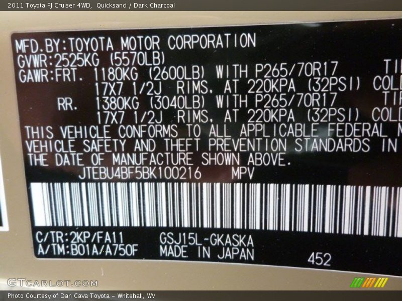 Quicksand / Dark Charcoal 2011 Toyota FJ Cruiser 4WD