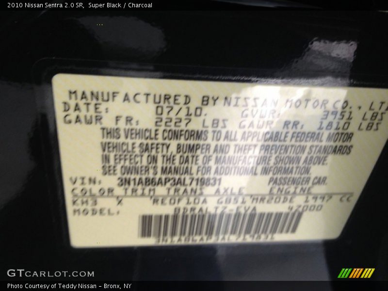 2010 Sentra 2.0 SR Super Black Color Code KH3