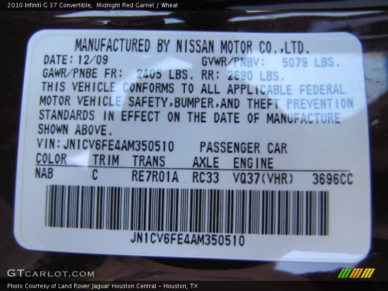2010 G 37 Convertible Midnight Red Garnet Color Code NAB