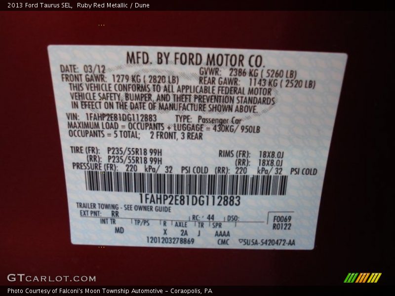 2013 Taurus SEL Ruby Red Metallic Color Code RR