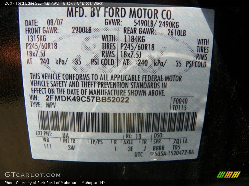 Black / Charcoal Black 2007 Ford Edge SEL Plus AWD