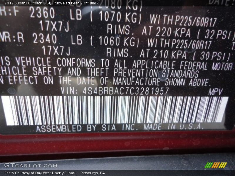 Ruby Red Pearl / Off Black 2012 Subaru Outback 2.5i