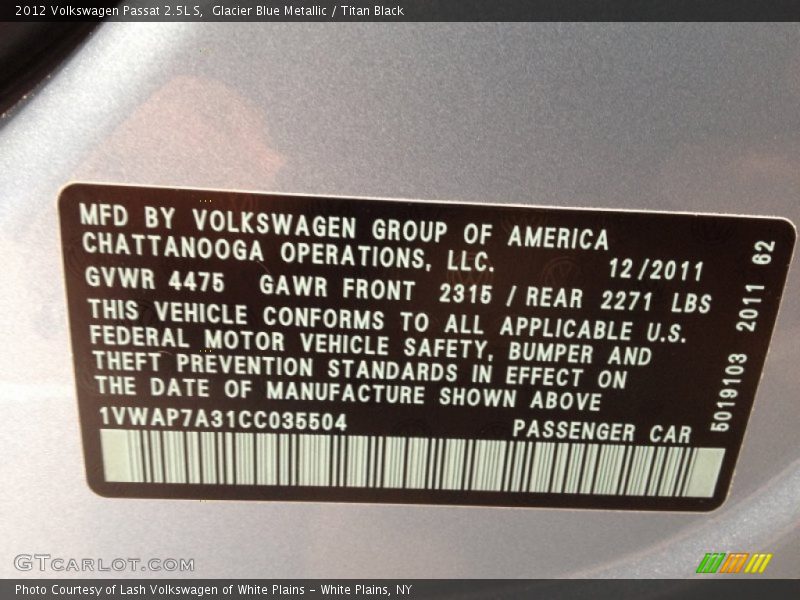 Glacier Blue Metallic / Titan Black 2012 Volkswagen Passat 2.5L S